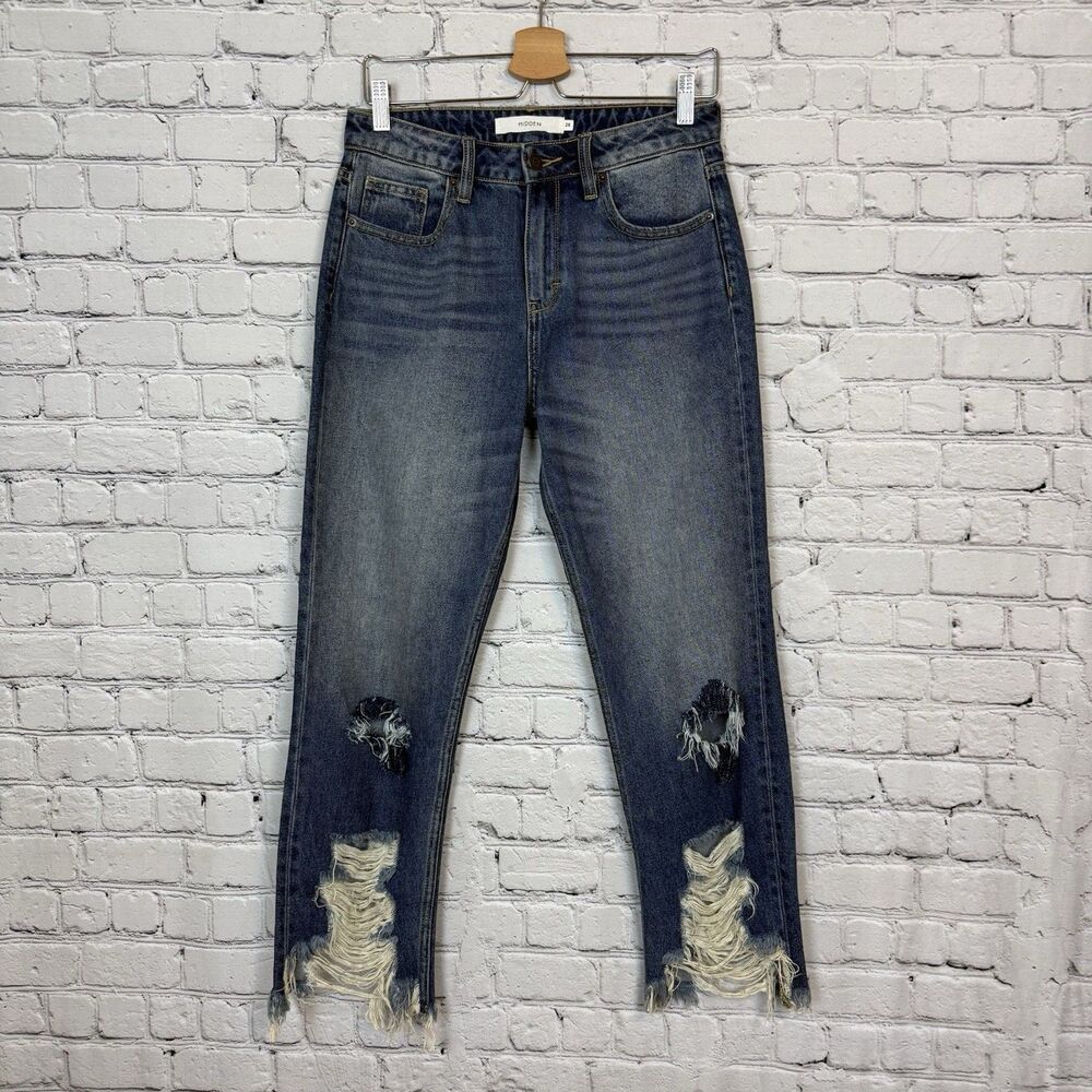 Hidden Jeans Distressed Straight Leg Raw Hem Denim Dark Wash Size 26
